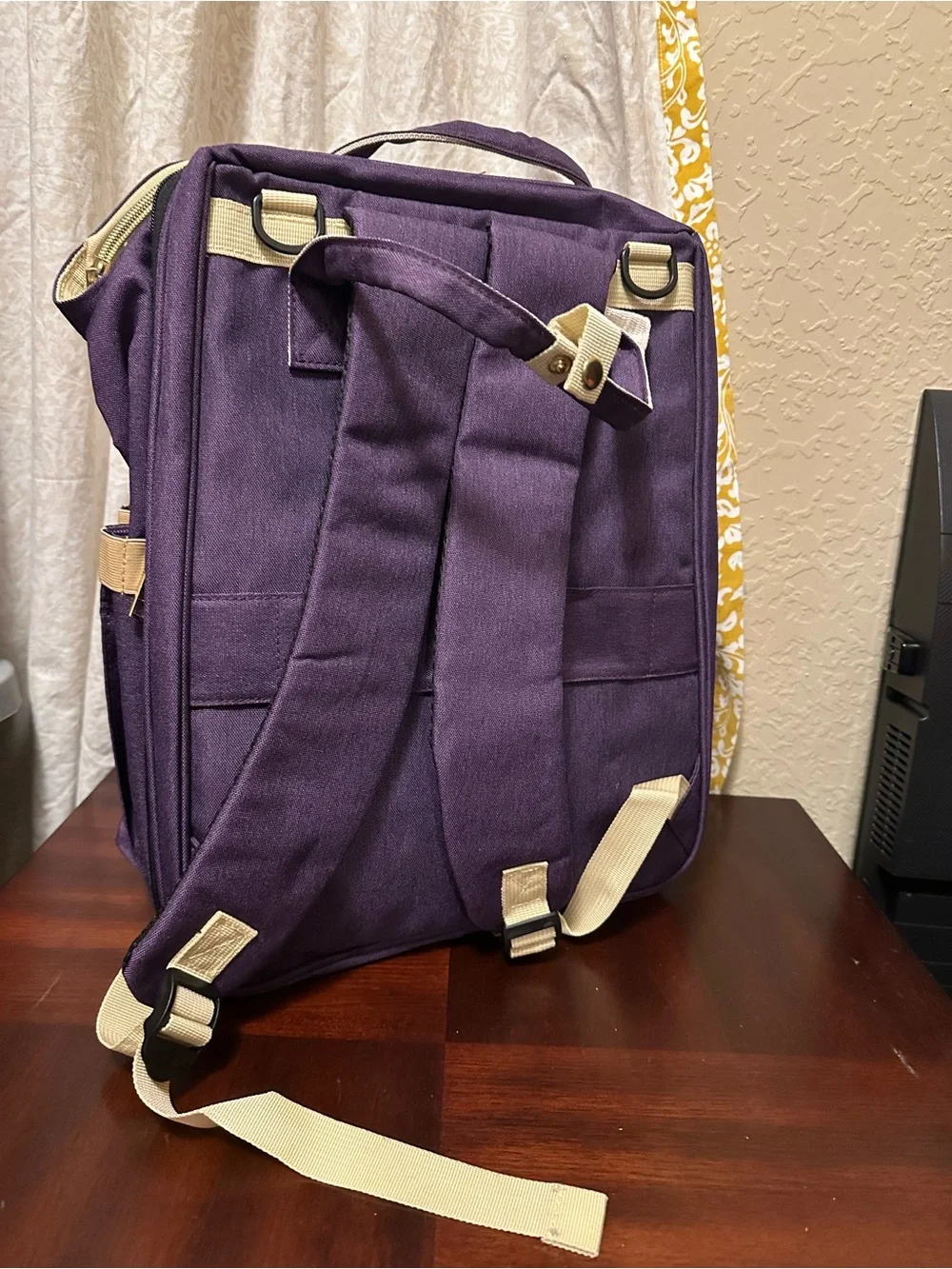 Purple Canvas Multi purpose Baby diaper Bag Backpack with Beige Trim